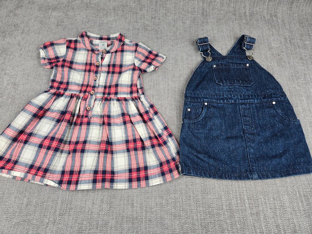 Carter's Plaid Dress & Esprit Jean Dress Overalls Lot 12 Months Girl 2 Piece